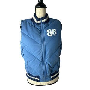 Victoria's Secret Pink Vintage Blue White Paint Down Puffer Vest Knit Collar M/L